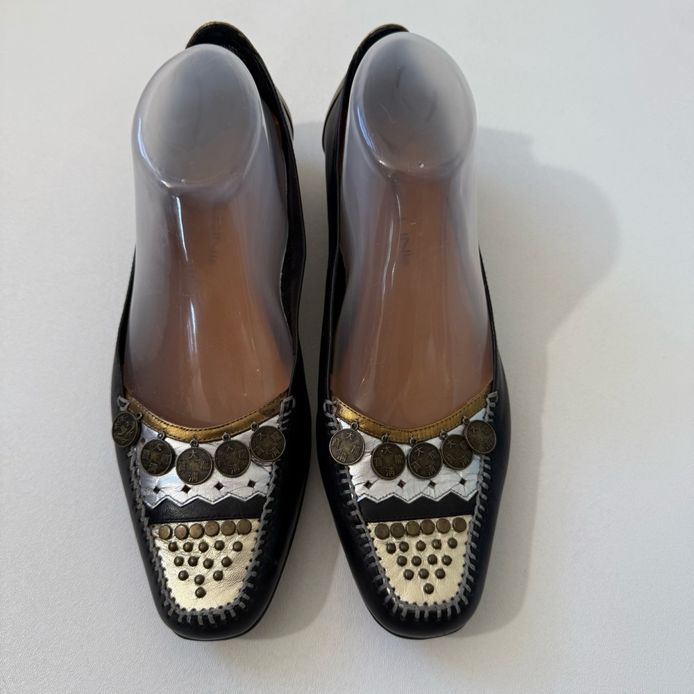 Vintage Bellini Leather Asian Inspired Metallic Slip On Loafers Womens Size 8.5